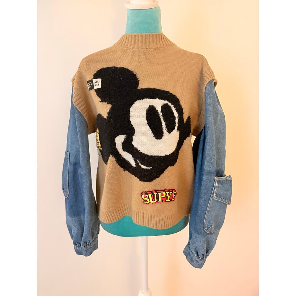 Mickey Mouse Denim Sleeve Mixed Media Knit Sweater Tan Blue S handmade unique